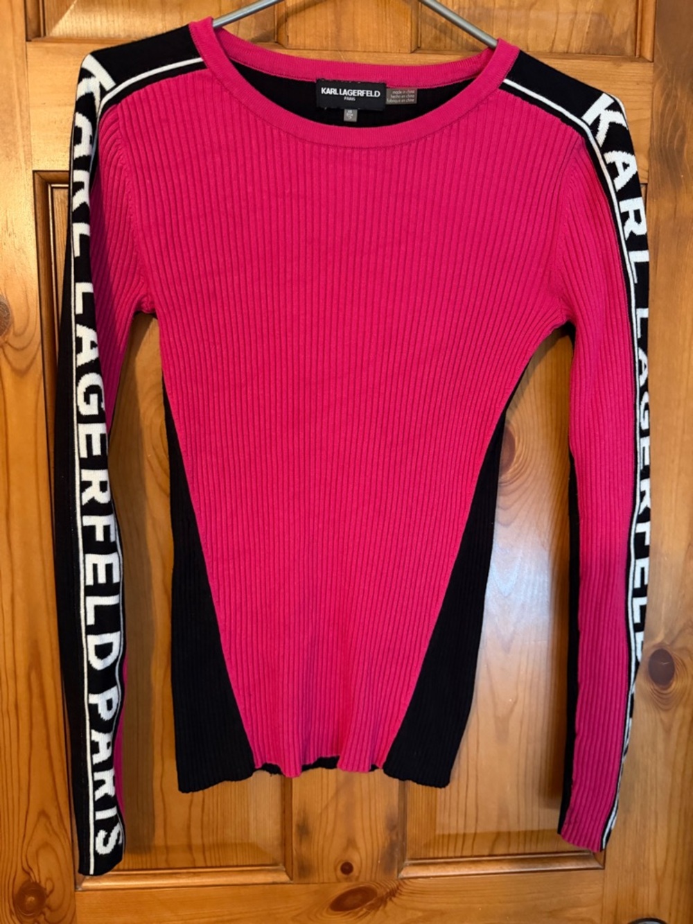 Karl Lagerfeld Hot Pink Ribbed Long-Sleeve Top with Black Logo Stripes